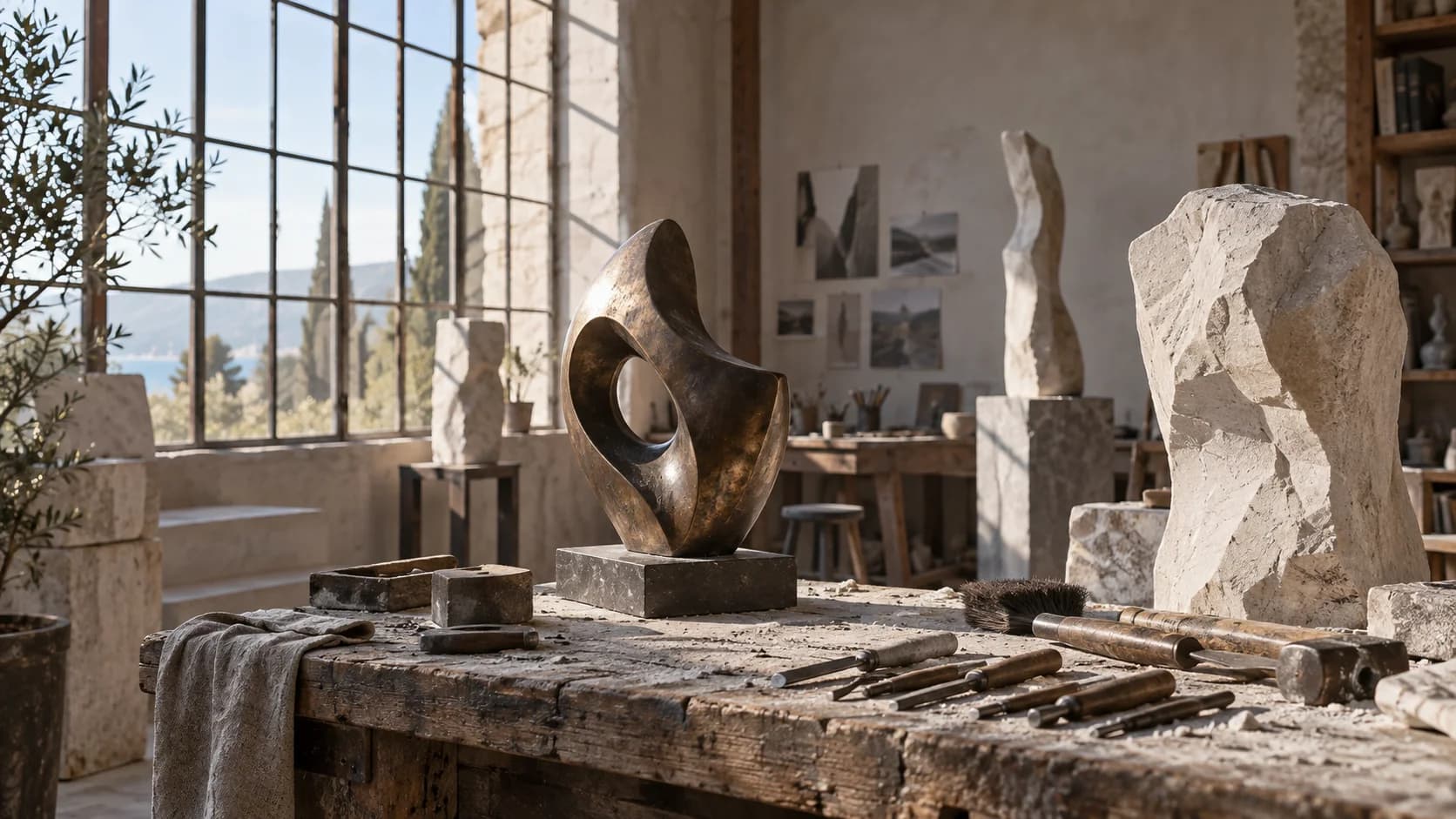 Atelier de sculpture avec œuvres abstraites et outils
